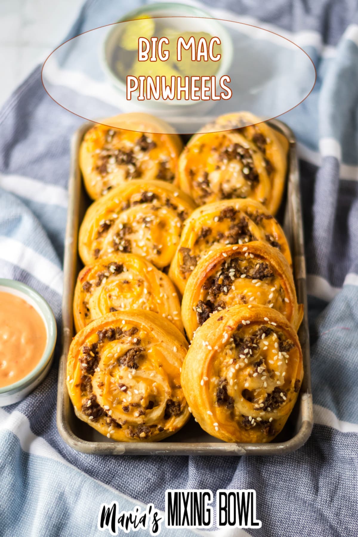 big mac pinwheels on a metal serving tray