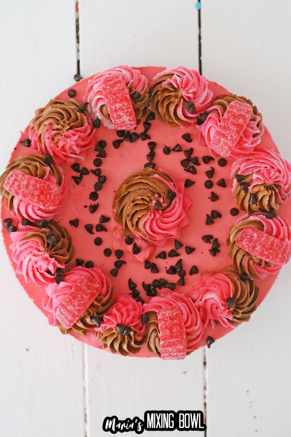 birds eye image of a chocolate chip cherry cheesecake on a white wooden background