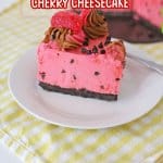slice of cherry chip cheesecake on a white plate