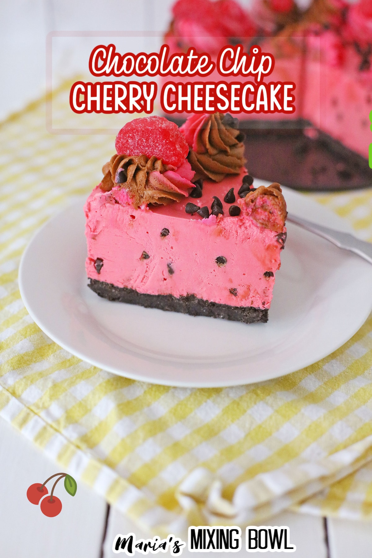 slice of cherry chip cheesecake on a white plate