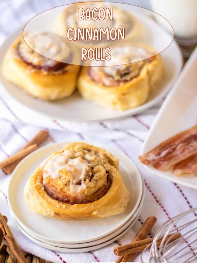 bacon cinnamon roll on three stacked small plate