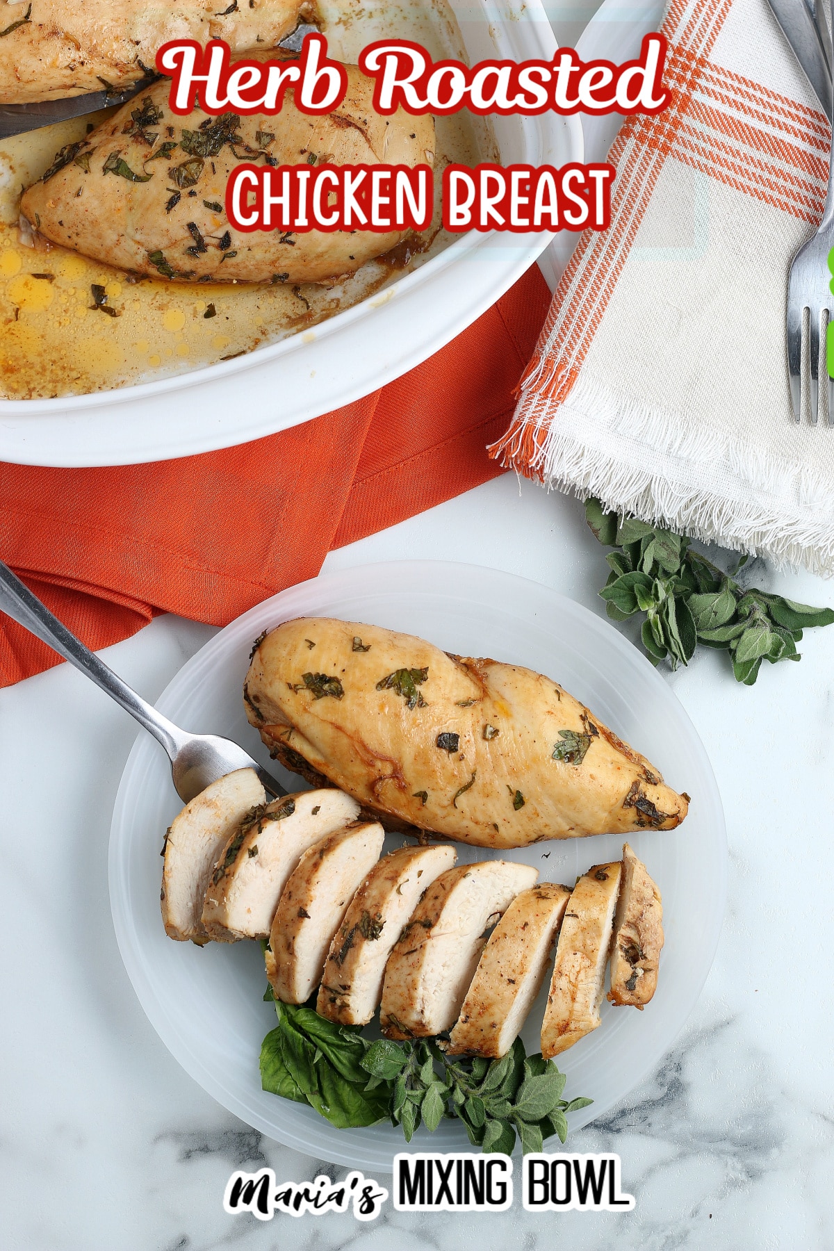 two chicken breasts on a plate. One is sliced and one is whole