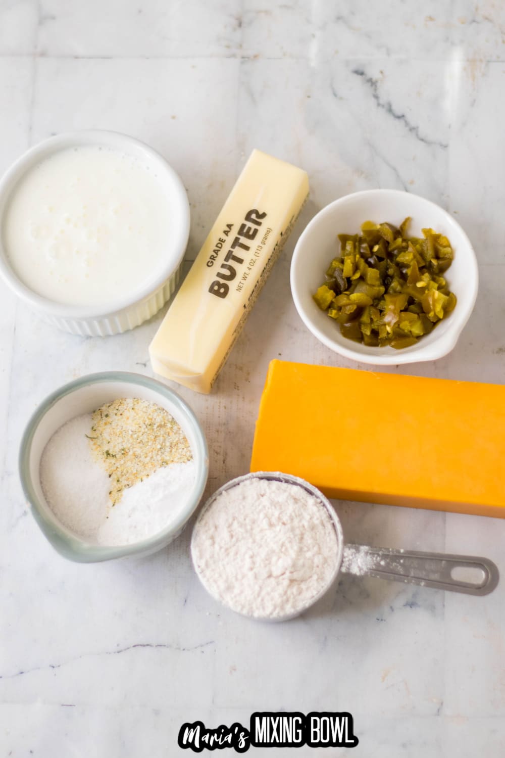 butter, seasonings, diced jalapenos, cheddar cheese, flour, and milk