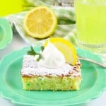 slice of lemon cake mix bars on a green plate