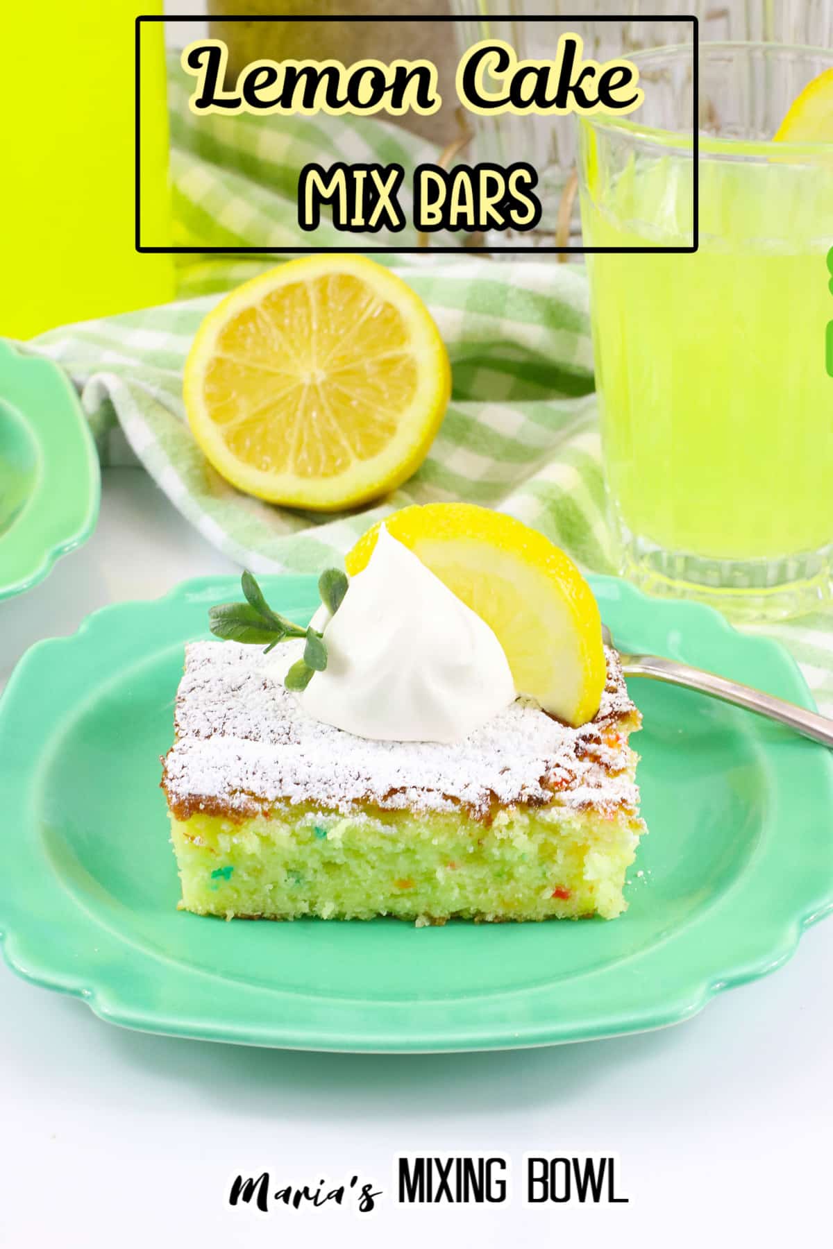 slice of lemon cake mix bars on a green plate