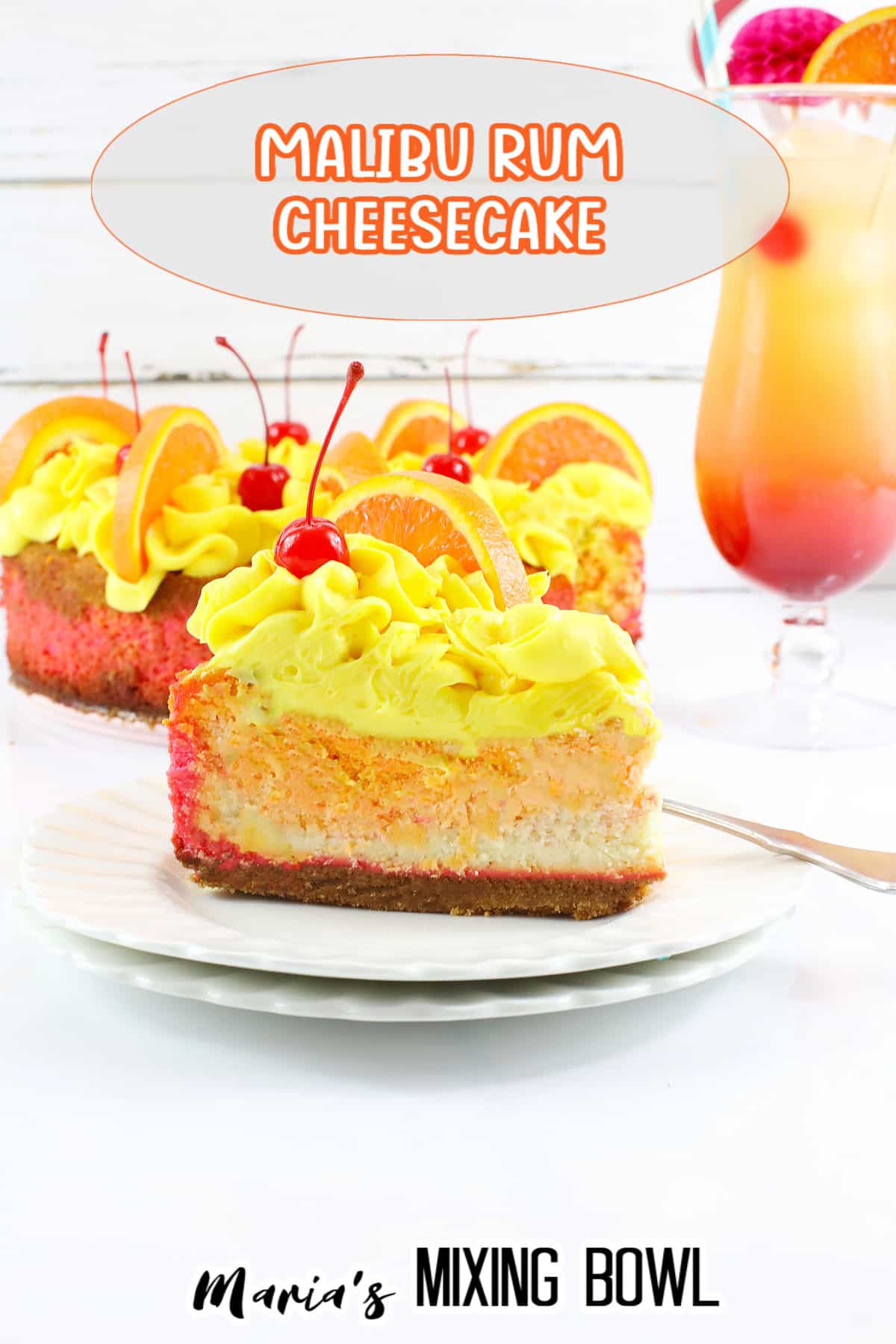 slice of malibu rum cheesecake on two small plates