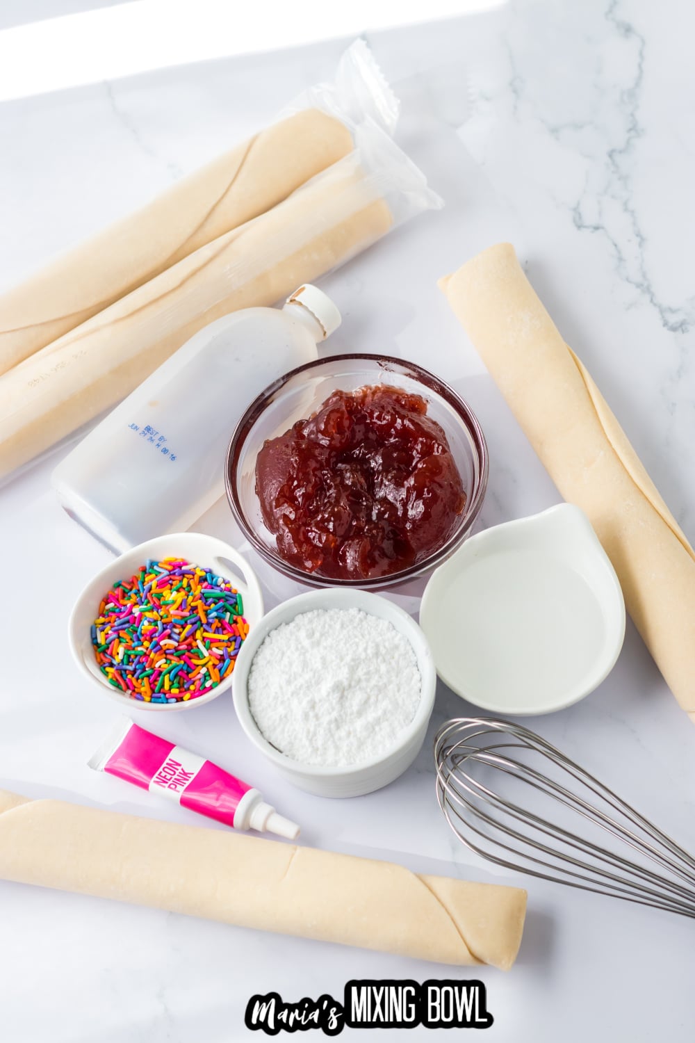 pie crust, jam, powdered sugar, milk, vanilla, and pink food coloring on a white marble backdrop