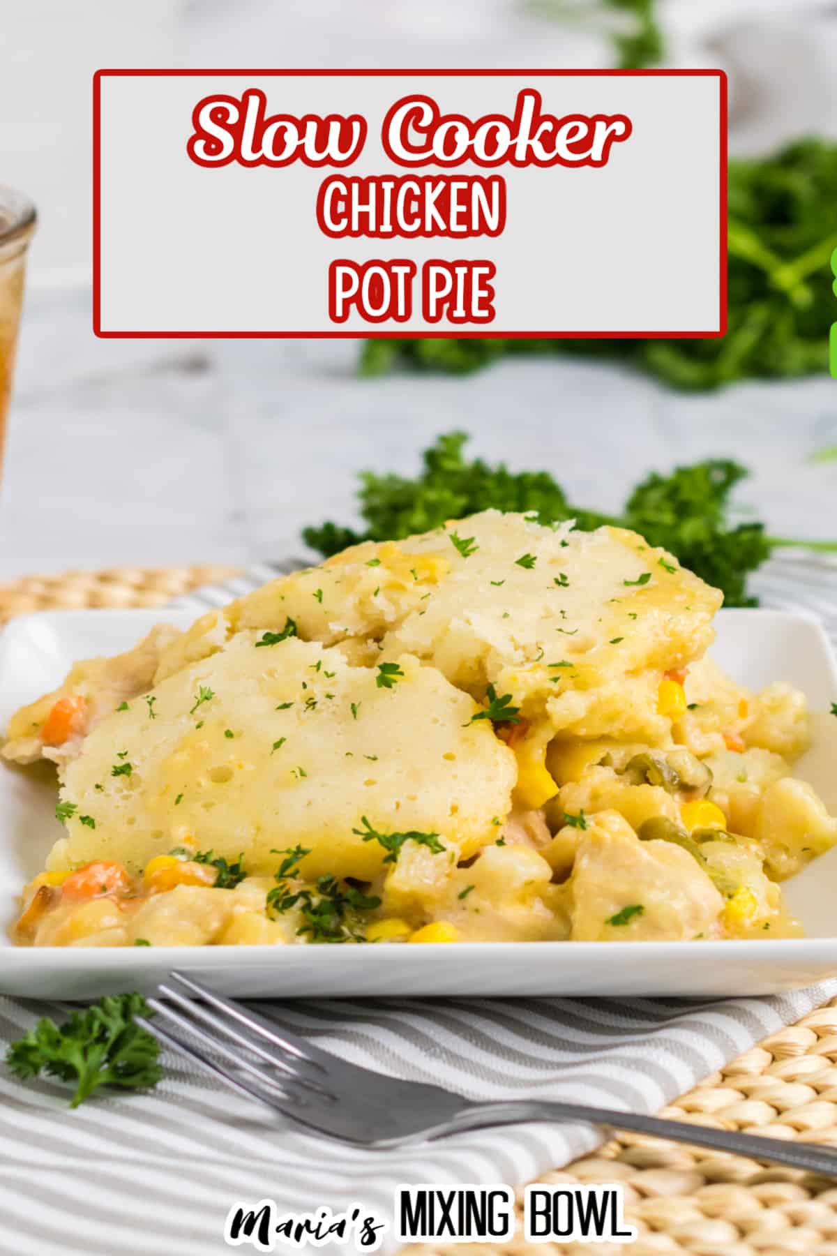 slow cooker chicken pot pie on a white plate