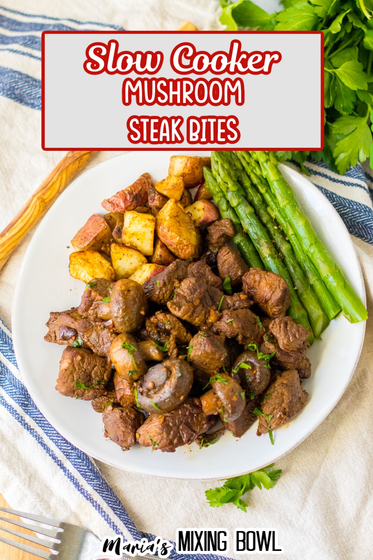 white plate filled with mushroom steak bites on a white plate