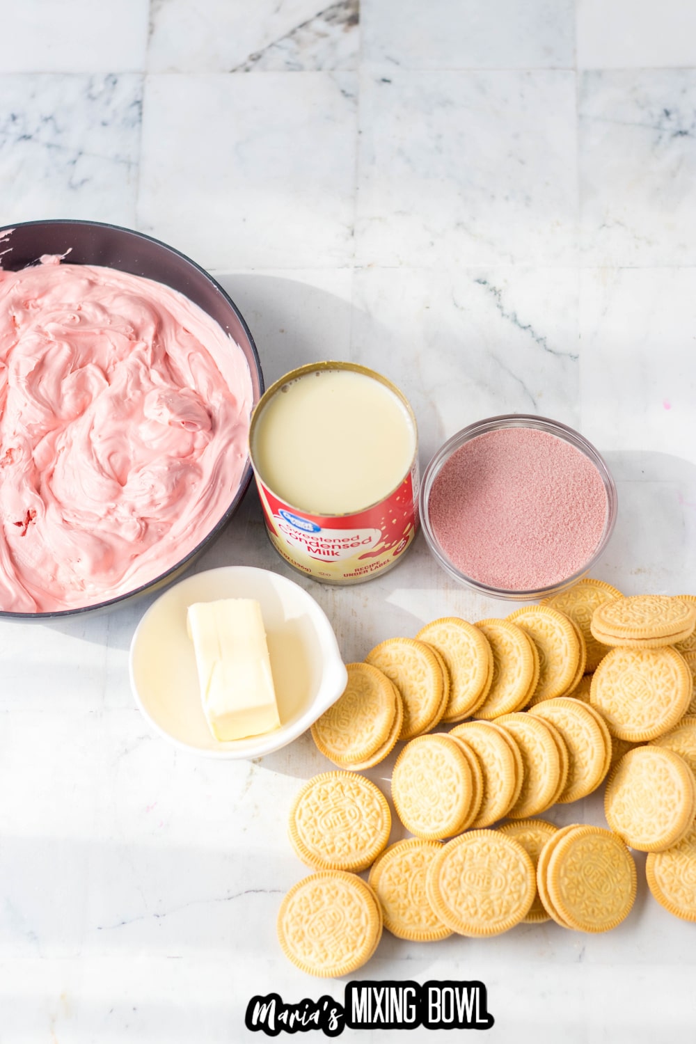 golden oreos, butter, condensed milk, strawberry gelatin powder, strawberry melted chocolate