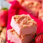 two pieces of strawberry shortcake fudge stacked on top of each other