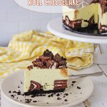 slice of swiss roll cake cheesecake on a white plate