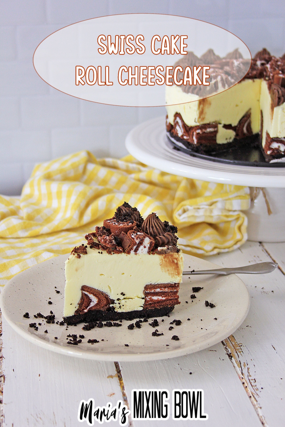 slice of swiss roll cake cheesecake on a white plate