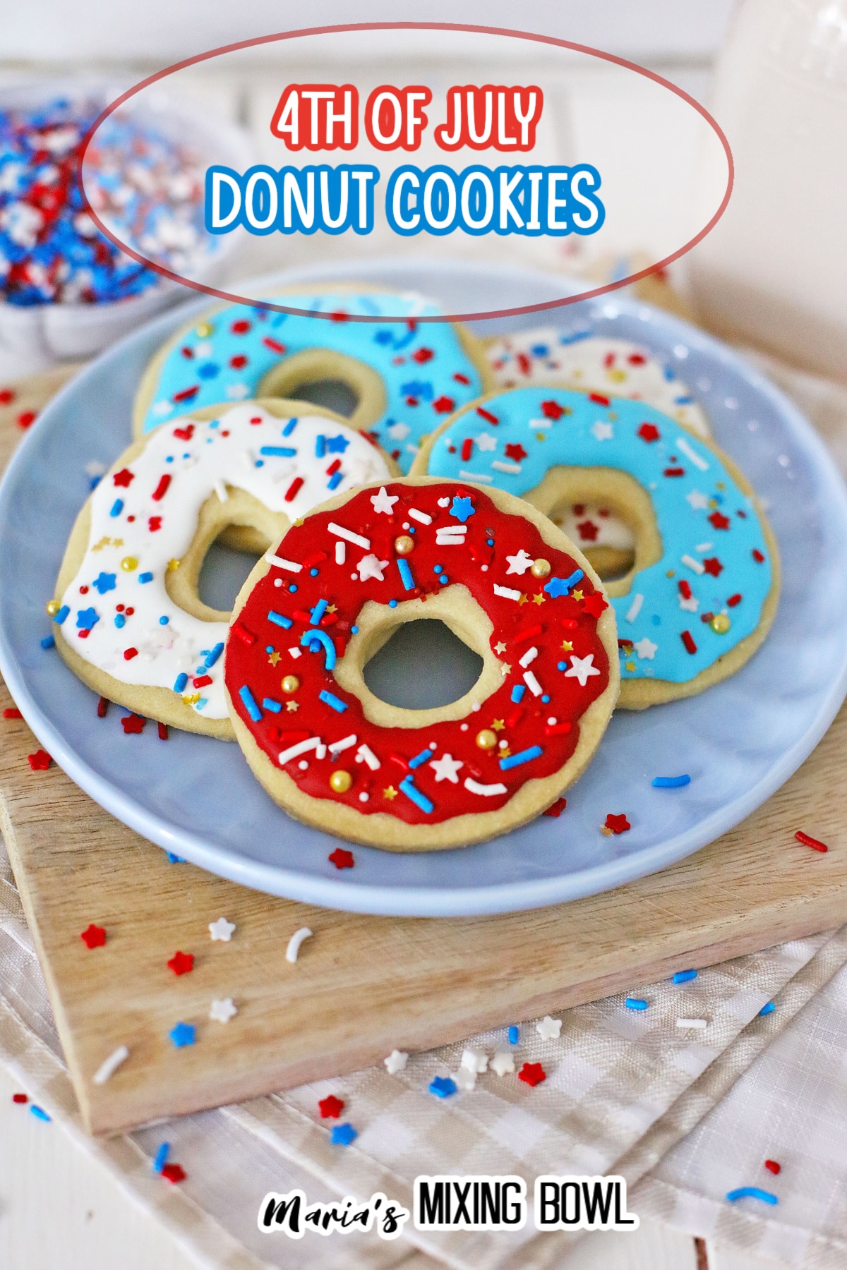 five donut cookies on a light blue plate