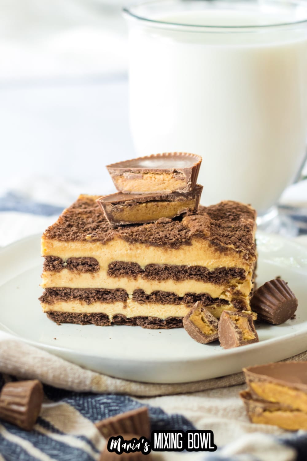 slice of peanut butter ice box cake on a white plate