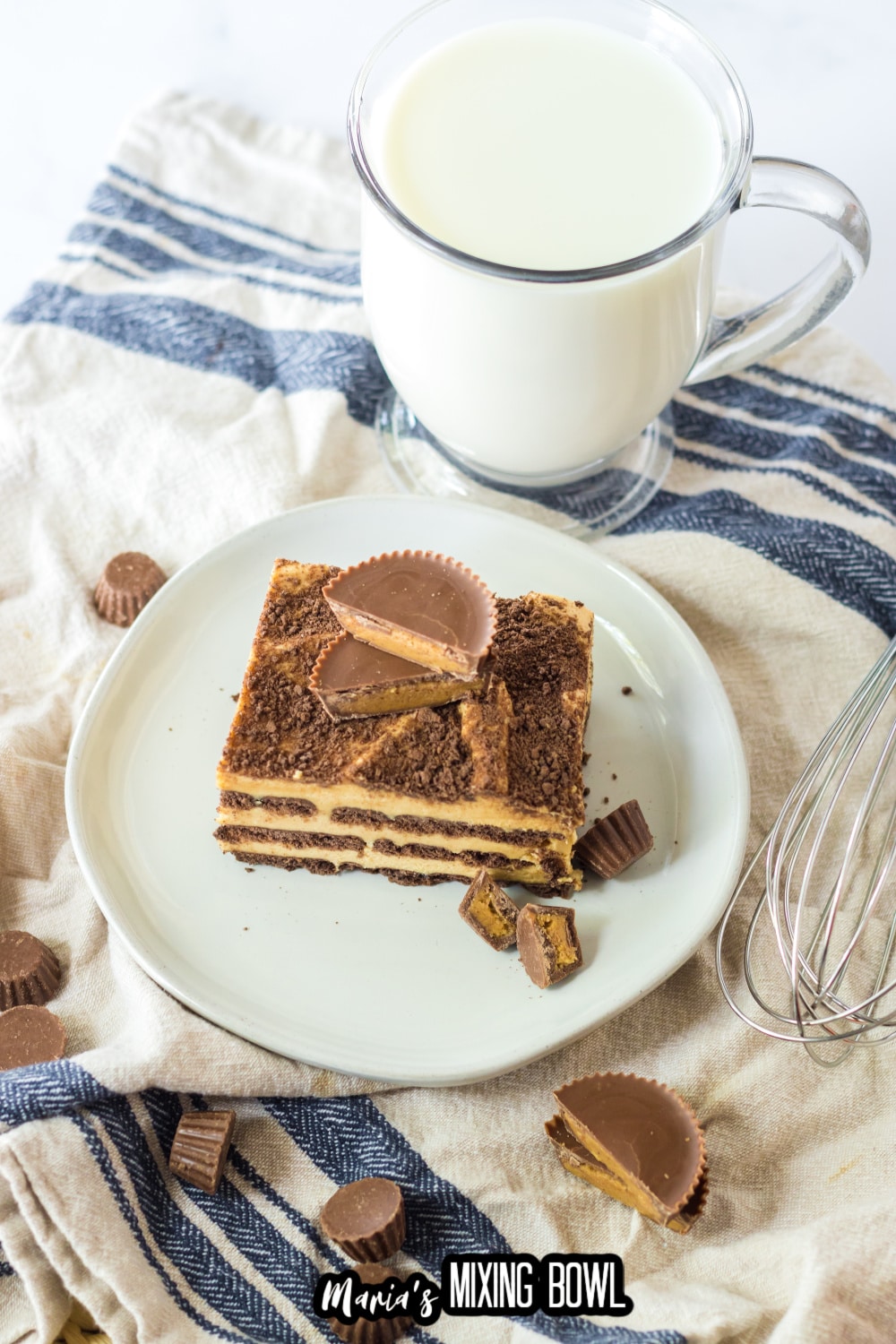slice of peanut butter icebox cake on a white plate