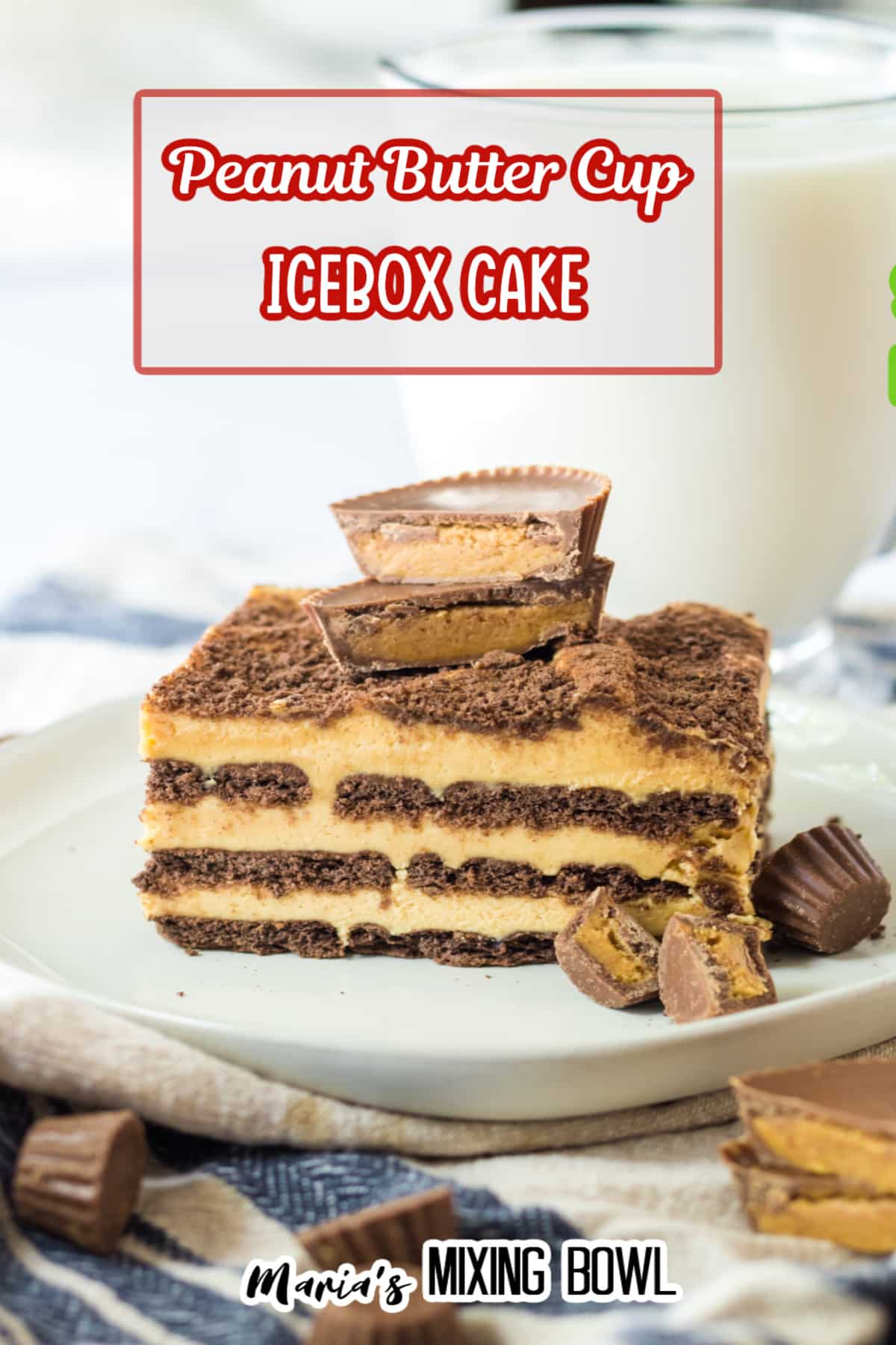 slice of peanut butter ice box cake on a white plate