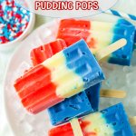 red white and blue pudding pops stacked on a bed of ice