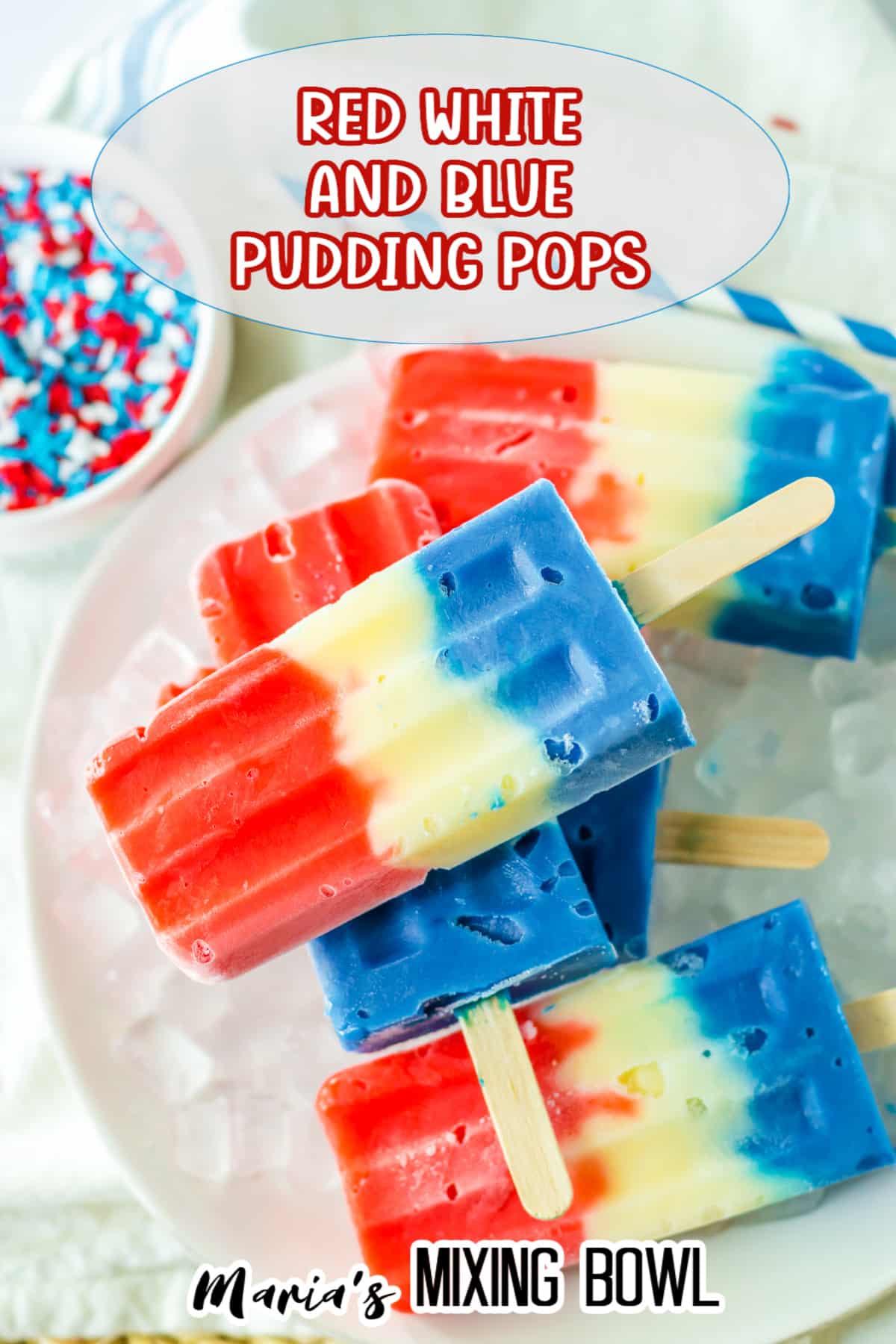 red white and blue pudding pops stacked on a bed of ice