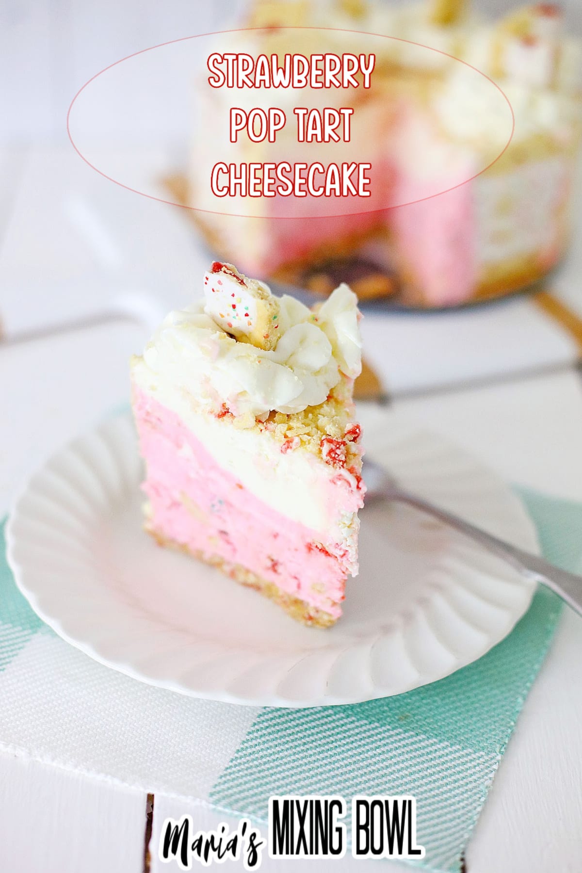 slice of strawberry poptart cheesecake on a white plate
