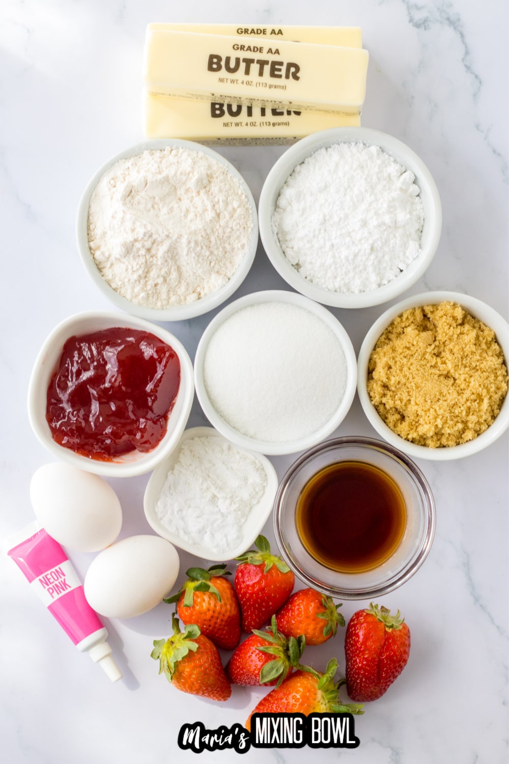 butter, flour, sugar, powdered sugar, brown sugar, vanilla, strawberry jam. eggs, food coloring, and fresh strawberries on a white marble backgroud