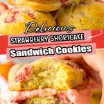 three strawberry shortcake sandwich cookies on a white plate