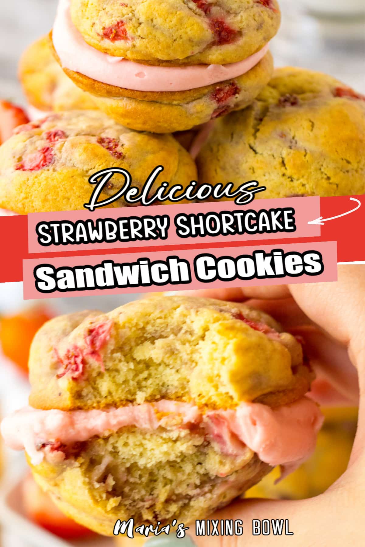 three strawberry shortcake sandwich cookies on a white plate