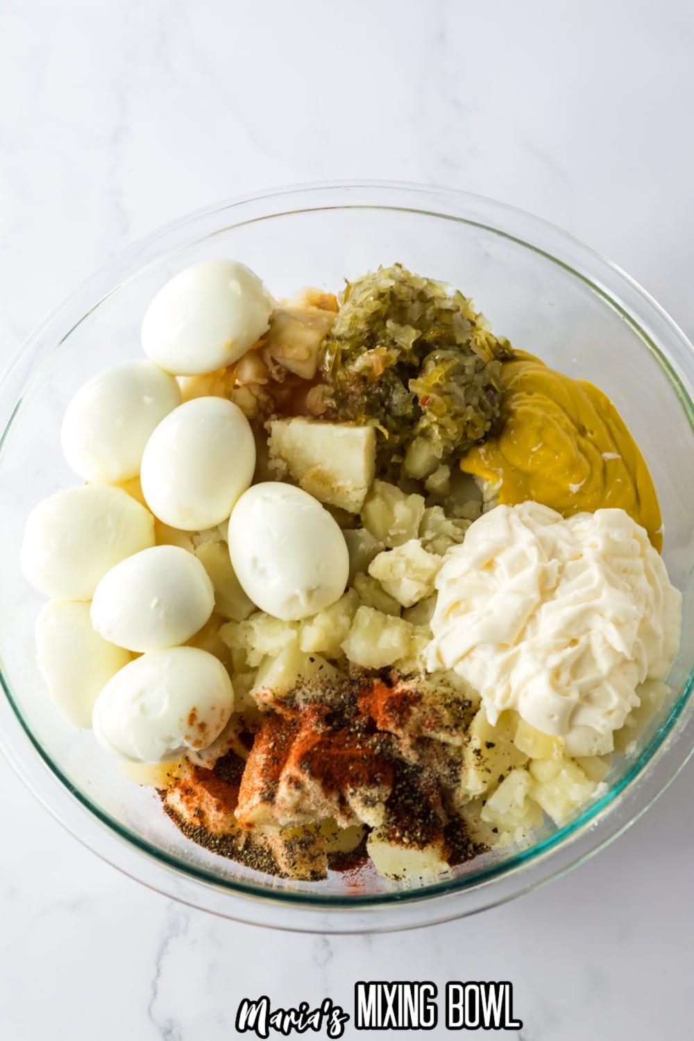 potato salad ingredients in a large mixing bowl