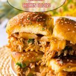hawaiian chicken sliders stacked on top of each other on a white plate