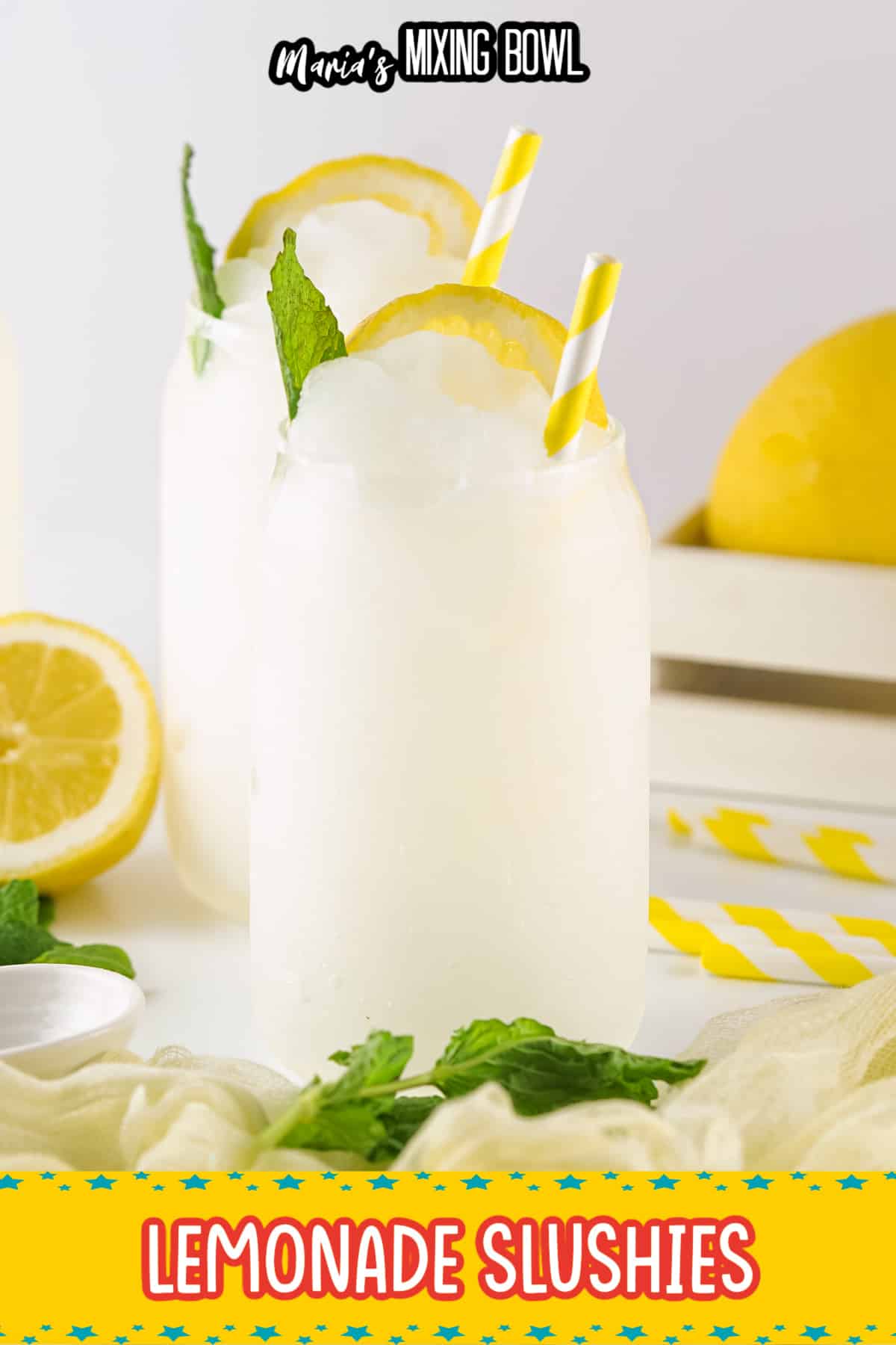 two lemonade slushies on a white backround
