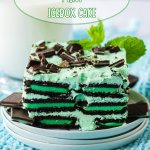 slice of mint chocolate icebox cake on a stack of small white plates