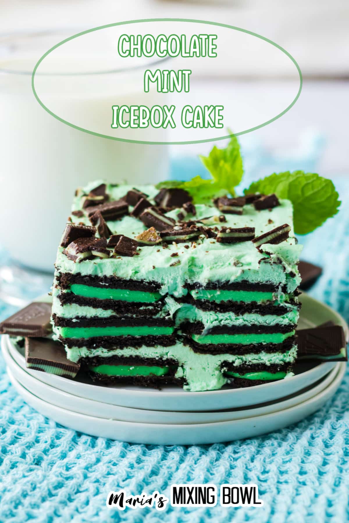 slice of mint chocolate icebox cake on a stack of small white plates