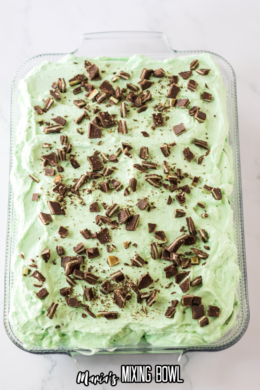 finish mint icebox cake in a glass baking dish