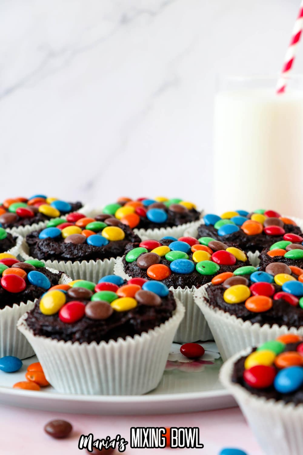 m&m brownies on a white plate
