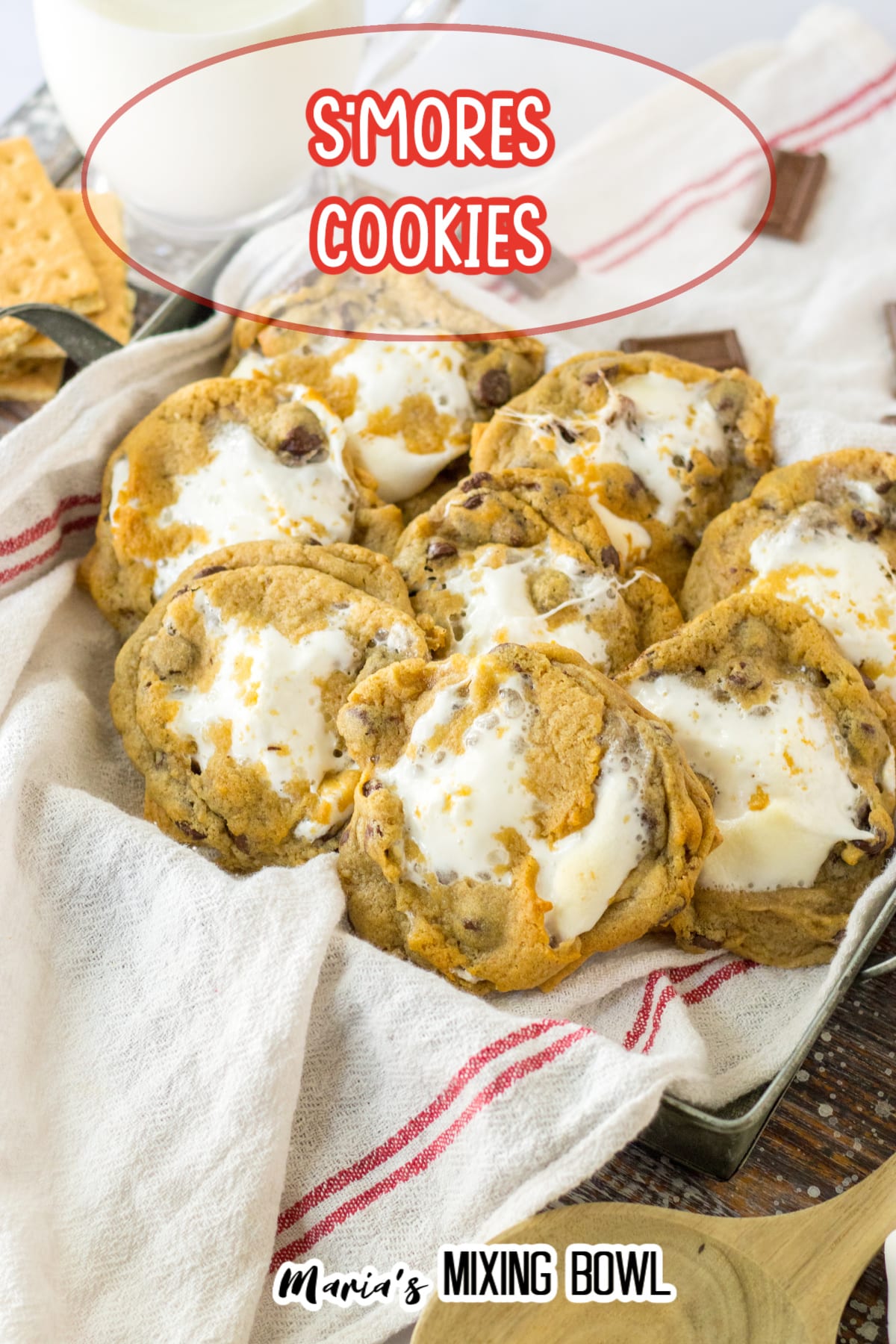 smores cookies in a kitchen towel lined baking pan