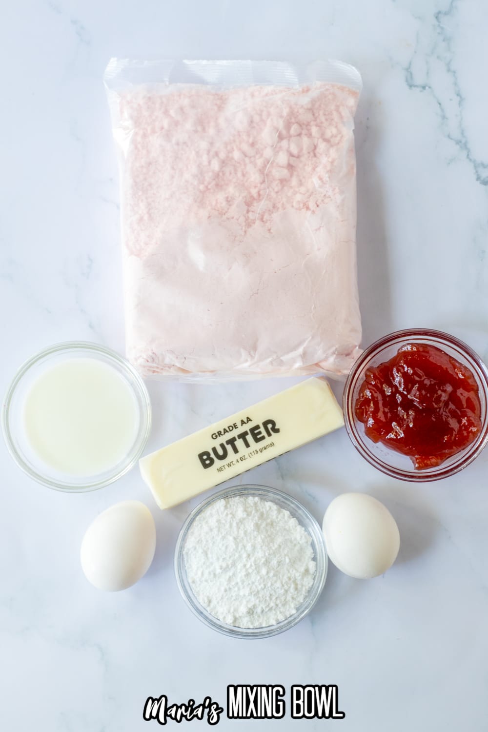 bag of strawberry cake mix, butter, eggs, strawberry jam, milk, and powdered sugar