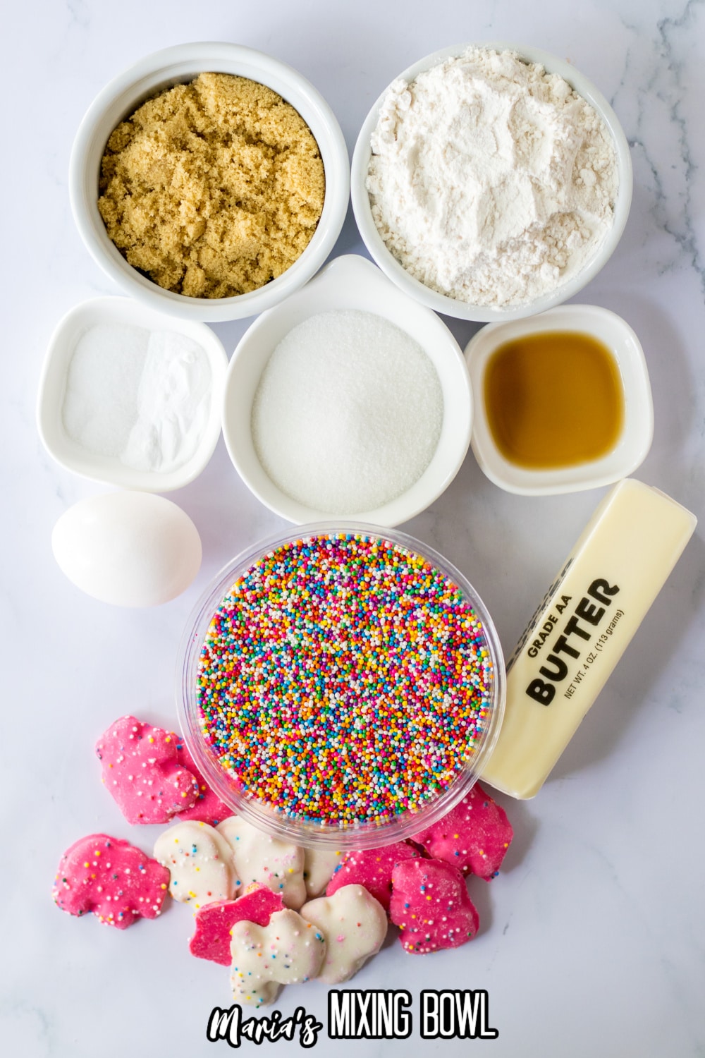 bowls of brown sugar, flour, granulated sugar, baking soda, baking powder, egg, butter, sprinkles, and Circus Cookies.