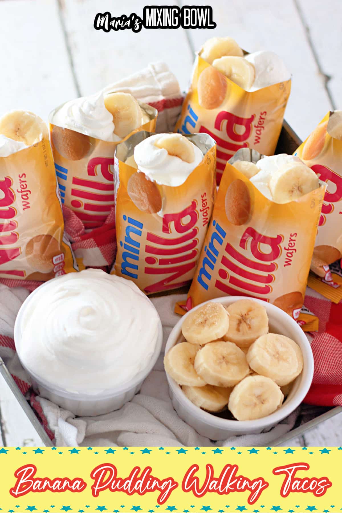 mini nilla wafer bags filled with banana pudding on a square baking dish