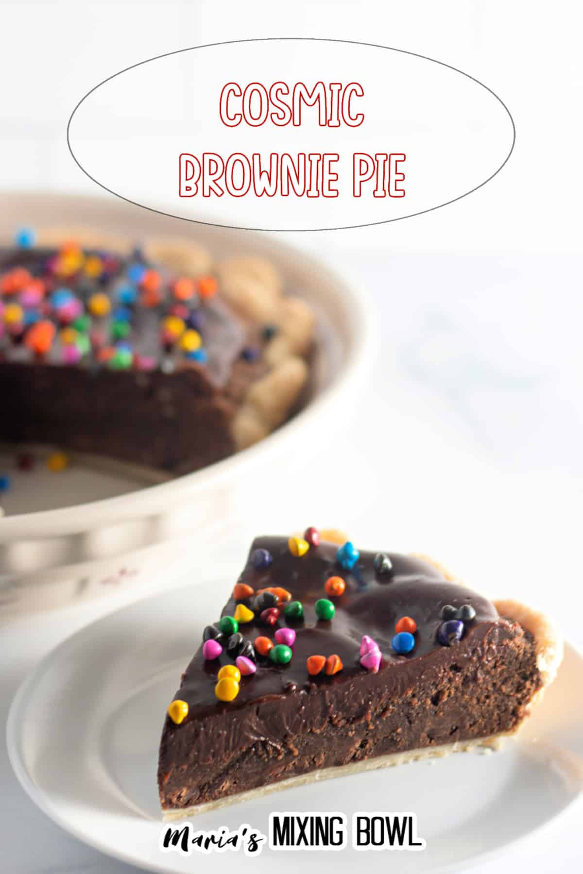 slice of cosmic brownie pie on a white plate with cosmic brownie pie written in text