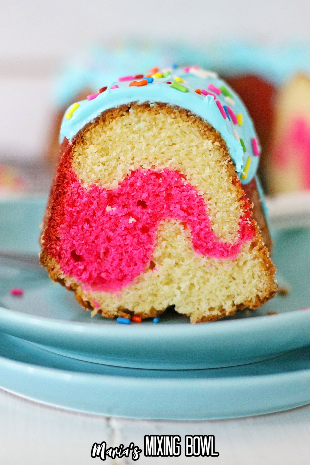 slice of donut cake on a light blue plate