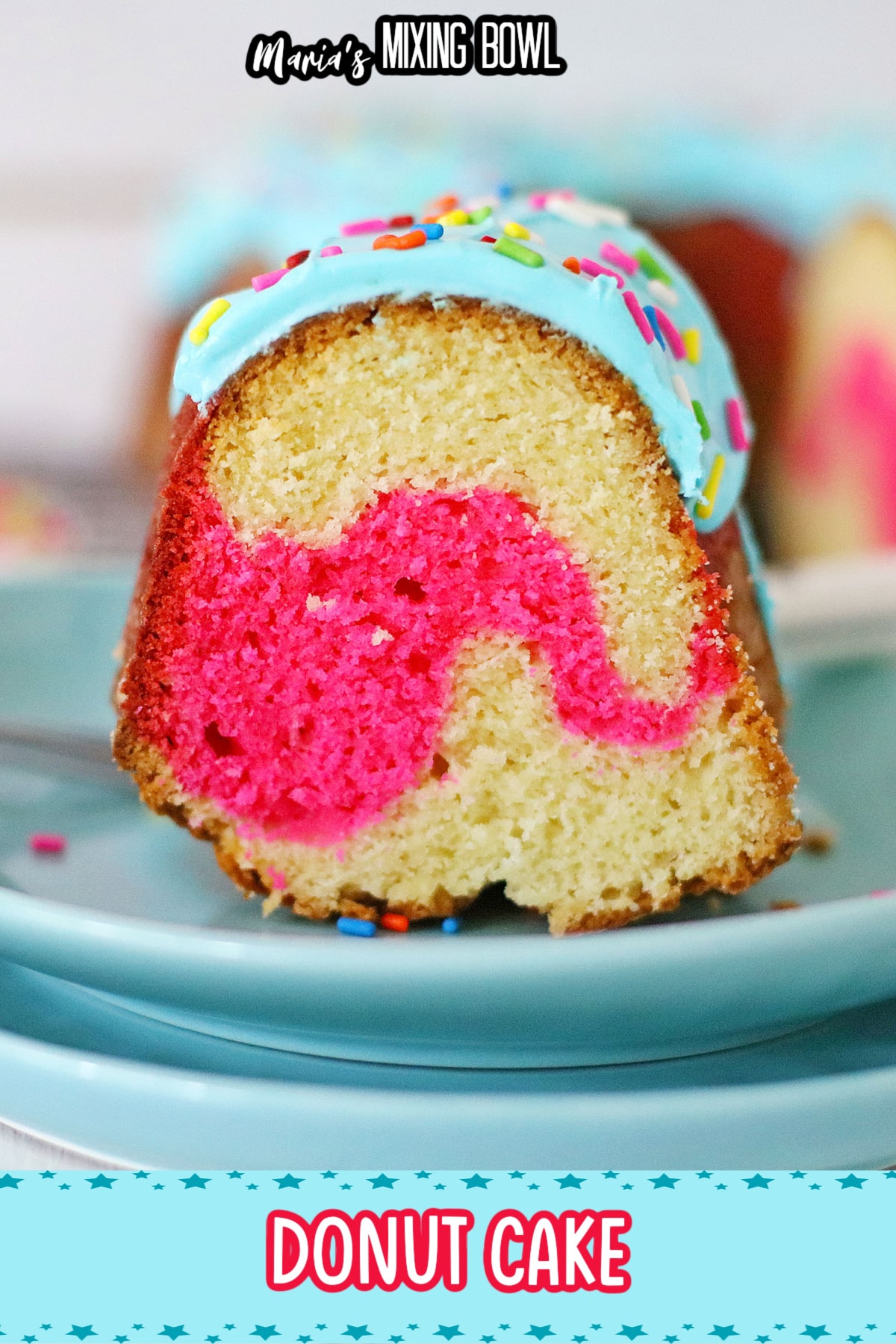 slice of donut cake on a light blue plate
