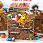 three pieces of peanut butter cup fudge on a plate