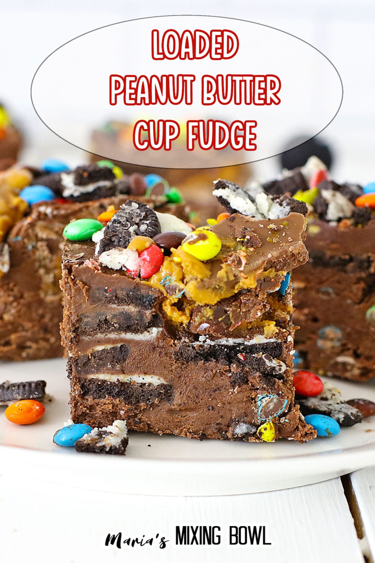three pieces of peanut butter cup fudge on a plate