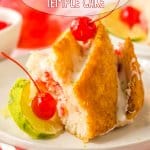 slice of Shirley temple cake topped with glaze and cherries on a white and gold plate