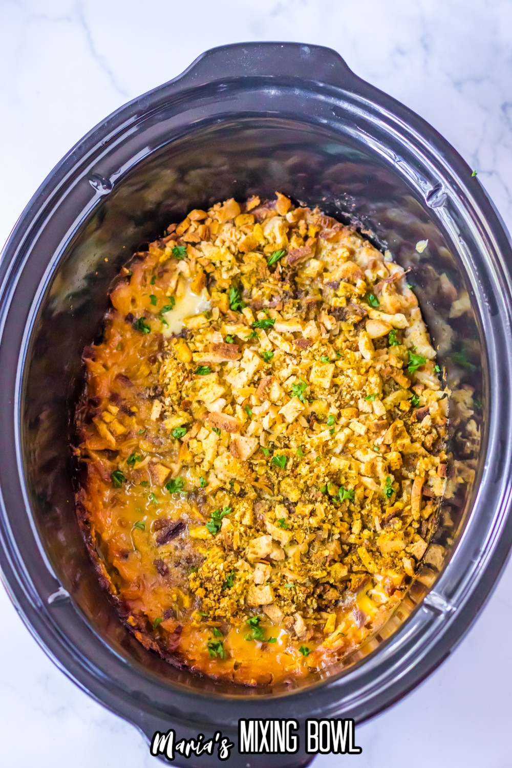 finished slow cooker chicken cordon bleu casserole in the slow cooker