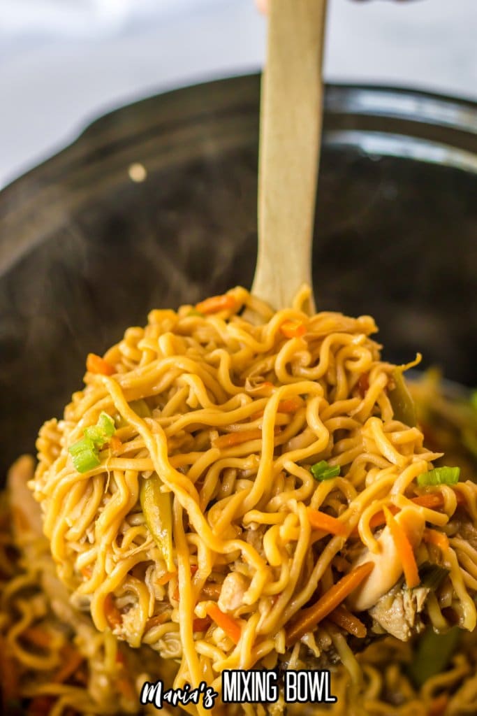 wooden spoonful of chicken ramen held in the air above a slow cooker