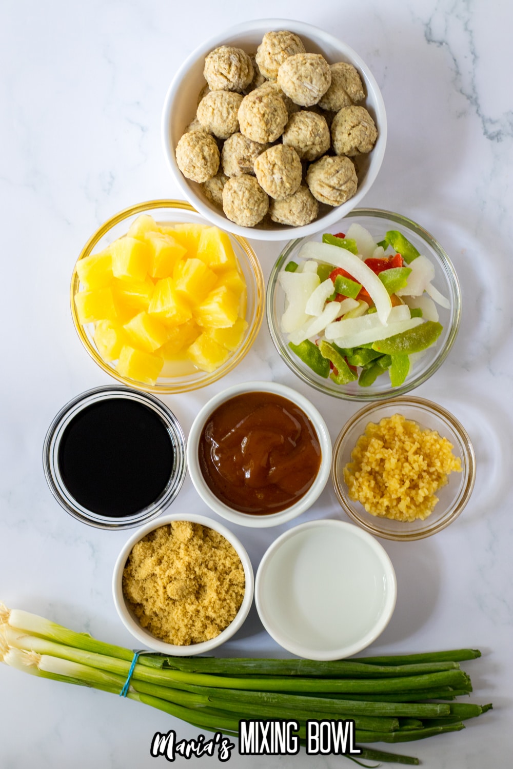 bowls of meatballs, pineapple, peppers and onions, bbq sauce, soy sauce, garlic, brown sugar, vinegar and green onions