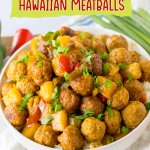 white bowl filled with hawaiian meatballs on top of a bed of rice