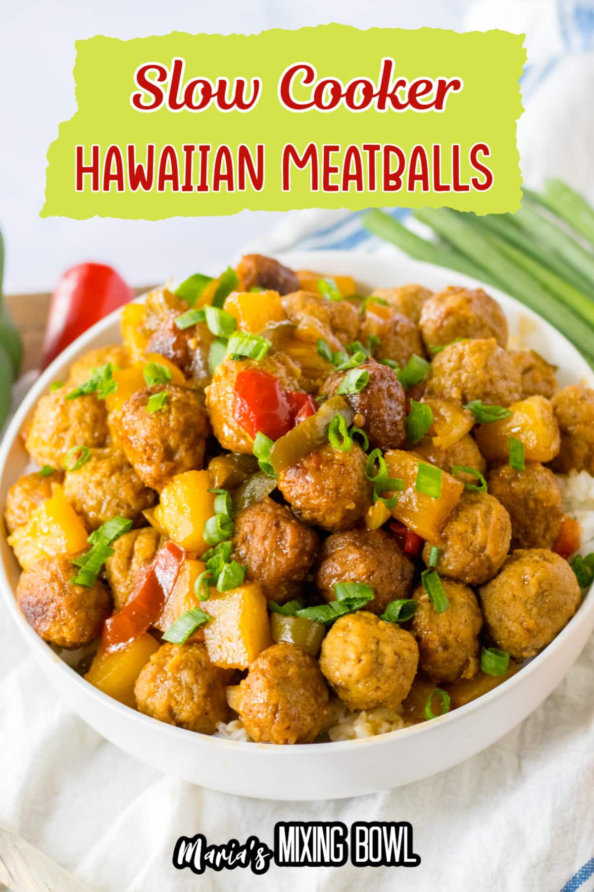 white bowl filled with hawaiian meatballs on top of a bed of rice