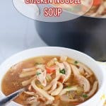 white bowl filled with chicken noodle soup with a large pot of soup in the background